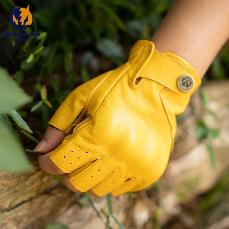 

MONSTER PARK мотоциклетные перчатки с половиной пальца, винтажные кожаные защитные перчатки для мотоцикла, летние уличные велосипедные дышащие перчатки