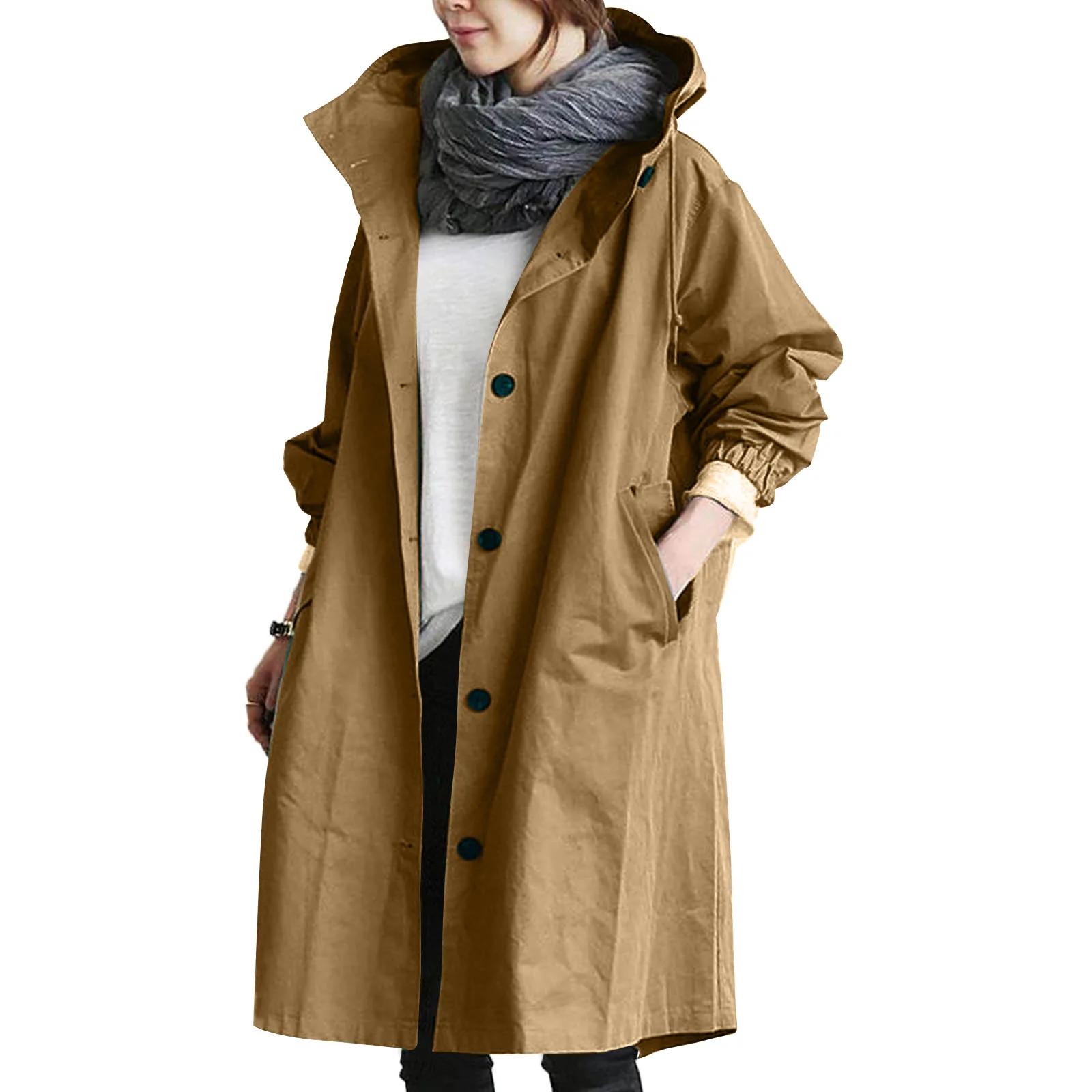 Spring And Autumn Casual Korean Fashion Hooded Mid-Length Coat Loose Windproof Jacket Women\'s Windbreaker Solid Color Pocket