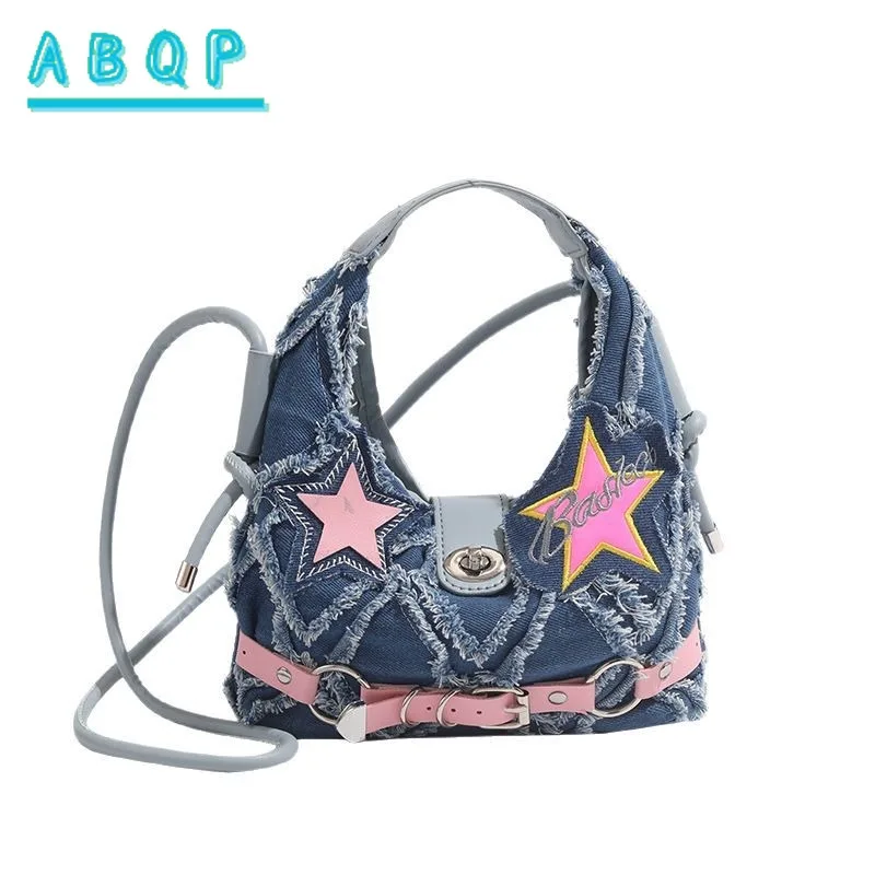 

Женская сумка через плечо, нишевая текстура, портативные сумки в форме полумесяца, универсальная модная джинсовая сумка-мессенджер в стиле панк, большая вместимость