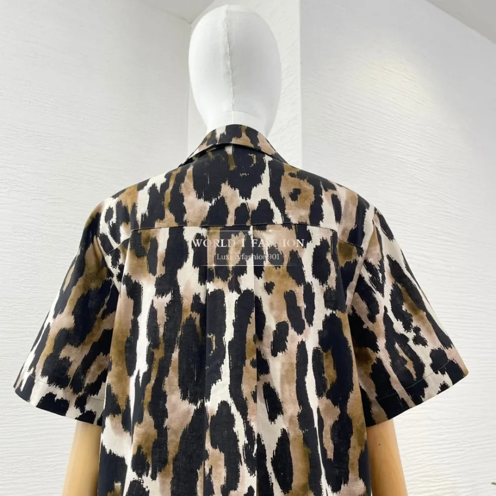 تي شيرت بأكمام قصيرة وطبعة الفهد البني بلوزة علوية 2025 قطن كتان #6