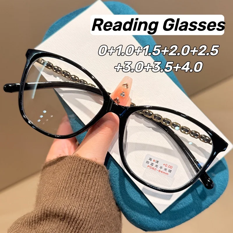 New Retro Cat-Eye Presbyopia Glasses Women's Brand Design Chanel-Style Chain-Woven Anti-Blue Light Reading Glasses 0 To +4.0