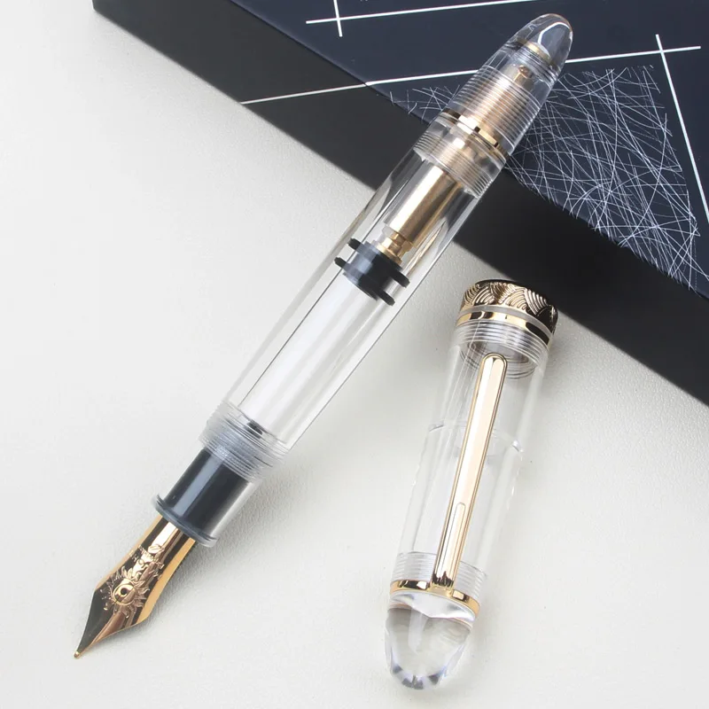 4 Color MAJOHN Oversize Demonstrator Fountain Pen Brass Screw Piston Filler 8# Sun Nib EF/F/M Luxury Signature Calligraphy