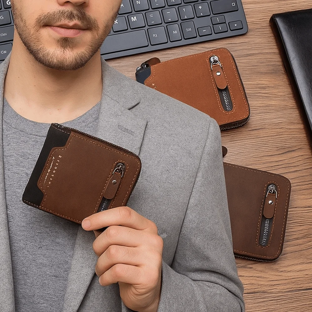 Durable Multi-position Men's Short Wallet Large Capacity Thin PU Leather Coin Purse Zipper Multi-function Card Holder Travel