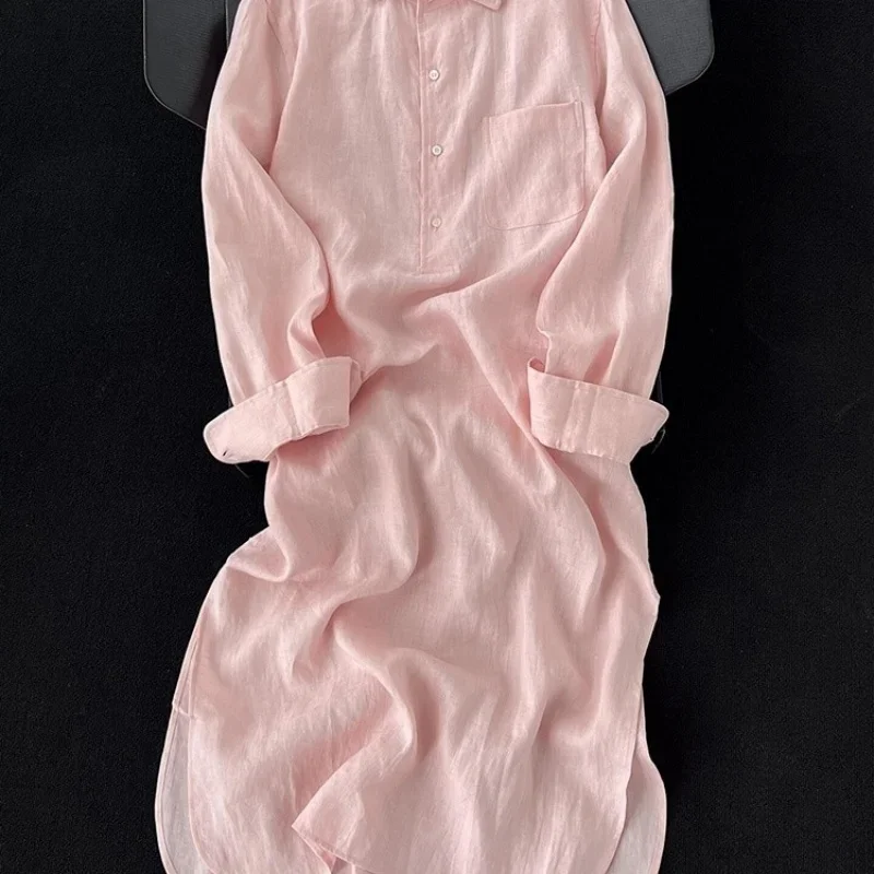 Chinese Stijl Literaire Losse Linnen Jurk Vrouwen Herfst Nieuwe Mode Roze Polo Kraag Dunne Rechte Lange Jurken Dameskleding