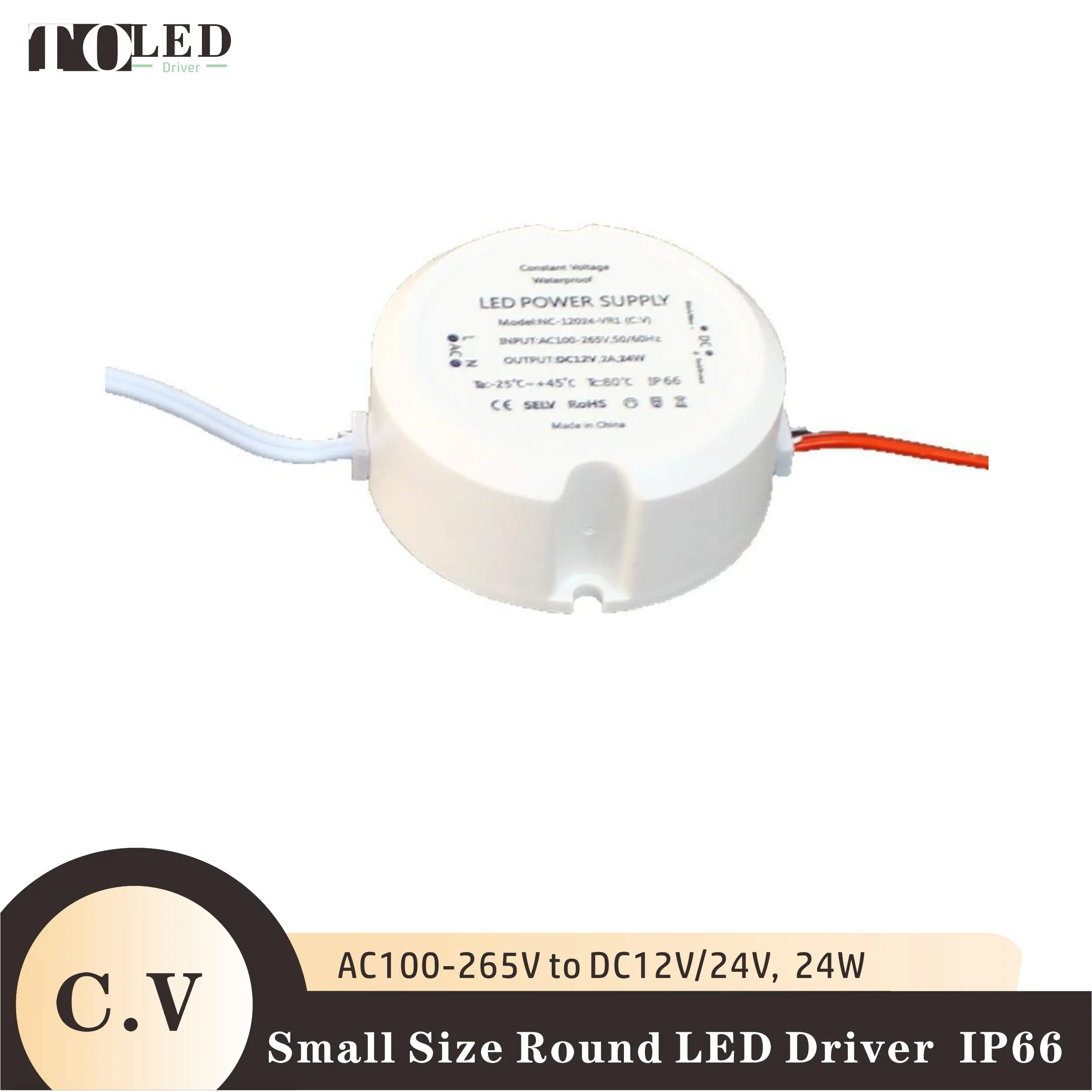 C.V DC12V/24V 24W mini round waterproof LED driver switching power supply lighting transformer GaN EMC LVD universal AC100-265V