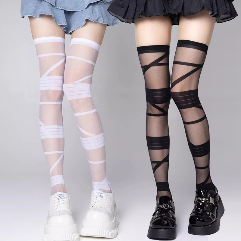 Gothic Lolita seksowne pończochy z paskiem krzyżowym dla kobiet Goth rajstopy dolne pończochy dziewczęce wyroby pończosznicze bandaż skarpety Design