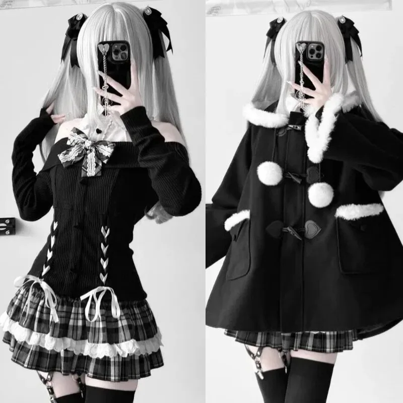

Jirai Kei Black Dress Lolita Knitted Bowtie Sweater Skirt Winter Hooded Cloak Full Set Japanese Sweet Uniform for Women Girls
