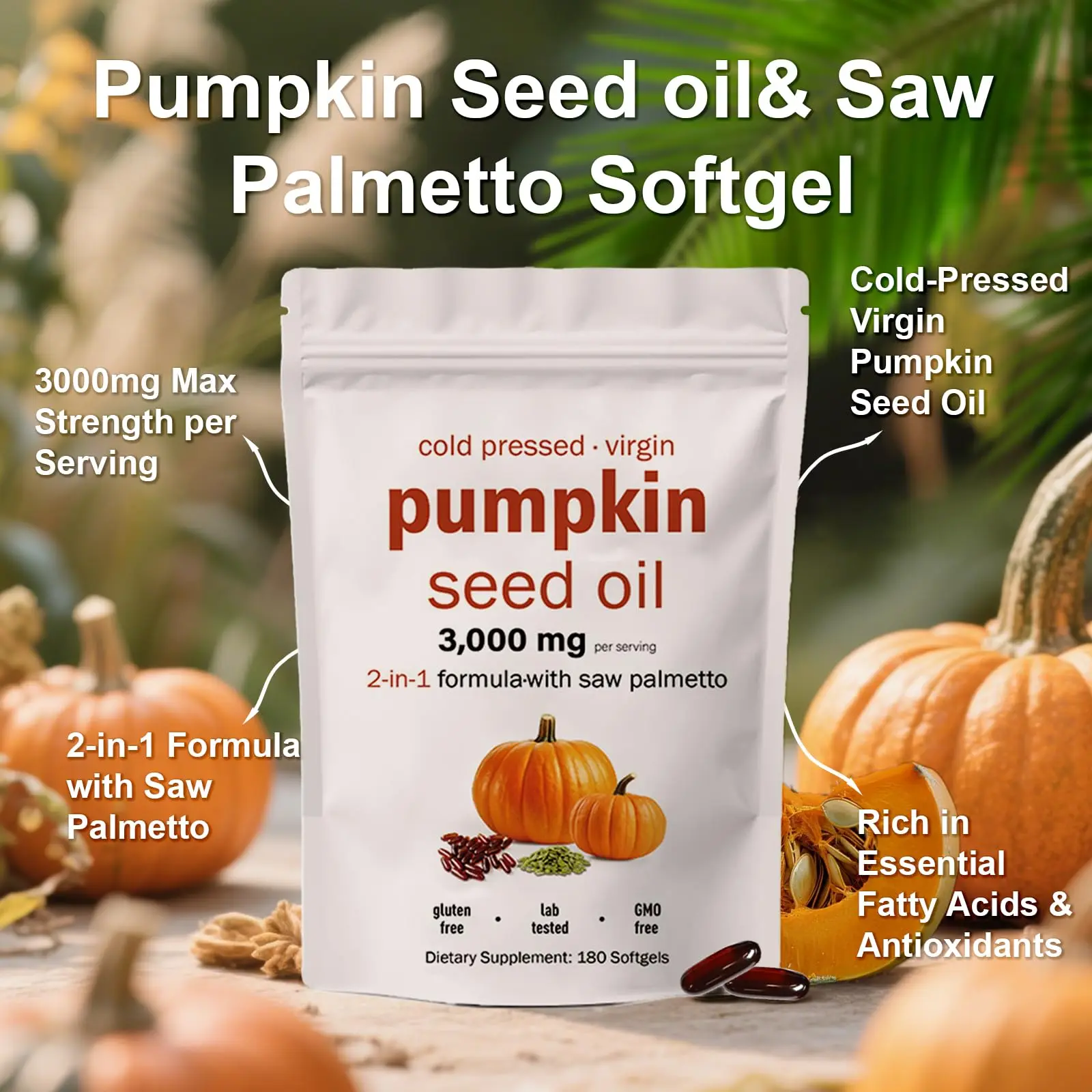 

Масло из тыквенных семян 2 пакетика с капсулами Saw Palmetto холодного отжима, чистое девственное масло, эфирные толстые кислоты, мягкие капсулы без GMO 180