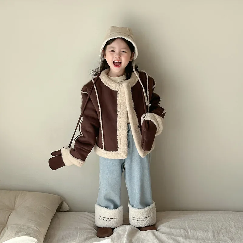 Girls Suit 2024 Winter New Childrens Wear Korean Style Girl Baby Foreign Fur One Jacket Stitching Jeans Two-piece Set Casual