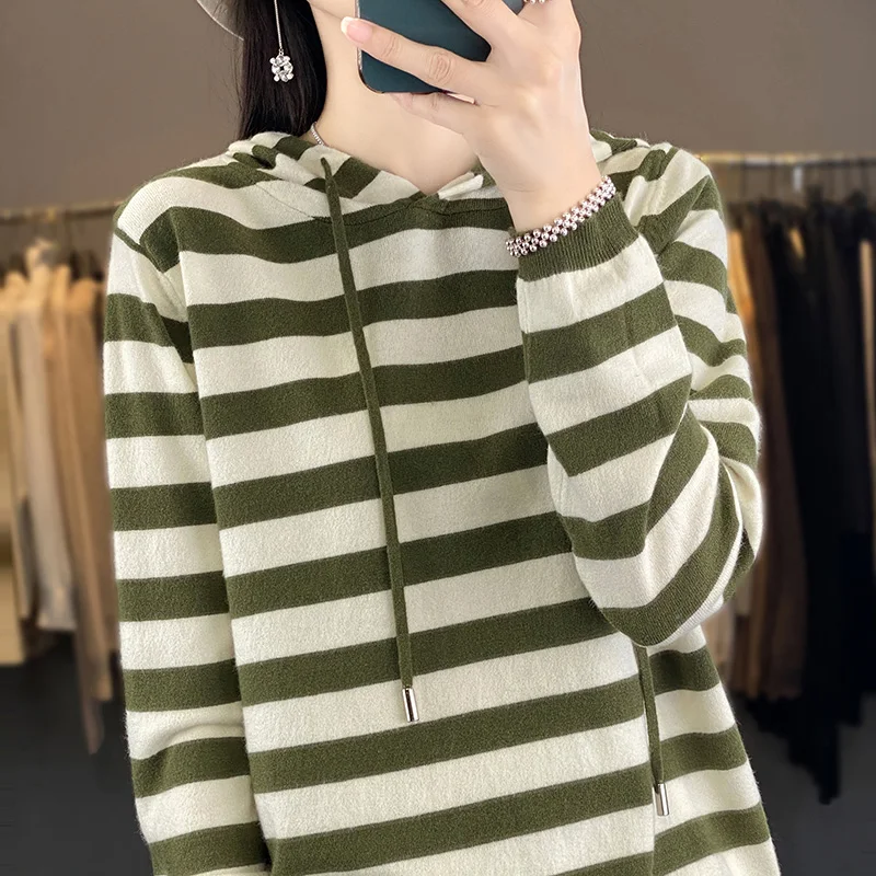 2023 New Striped cashmere hoodie Sweater Women  Knit Tops Hoodies Casual Women Long Sleeves hoodie Pullover