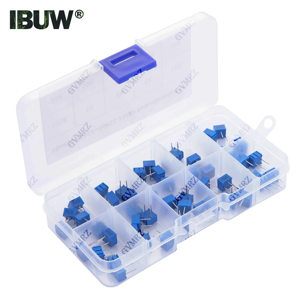 50PCS 3296W Multiturn Trimmer Potentiometer Kit 500R 1K 2K 5K 10K 20K 50K 100K 200K 1M High Precision 3296 Variable Resistor Set