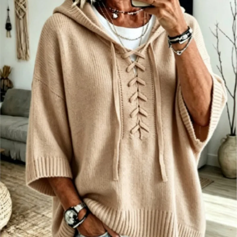 Women Hooded Sweaters Lace Up Front Drawstring Hood 3/4 Sleeve Loose Pullover Casual Solid Soft Knit Daily Boho Fall Winter Tops