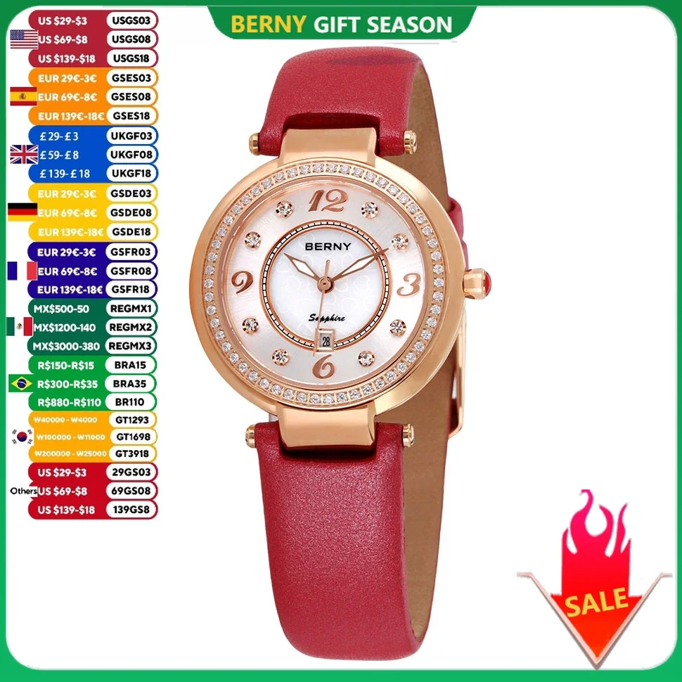 BERNY Horloge voor dames Kalender Saffier Elegant quartz damespolshorloge Luxe diamanten ingelegde klok S/S lederen dameshorloges