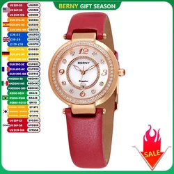 BERNY Watch for Women Calendar Sapphire Elegant Quartz Women's Wristwatch Luxury Diamond inlaid Clock S/S Leather Ladies Watches