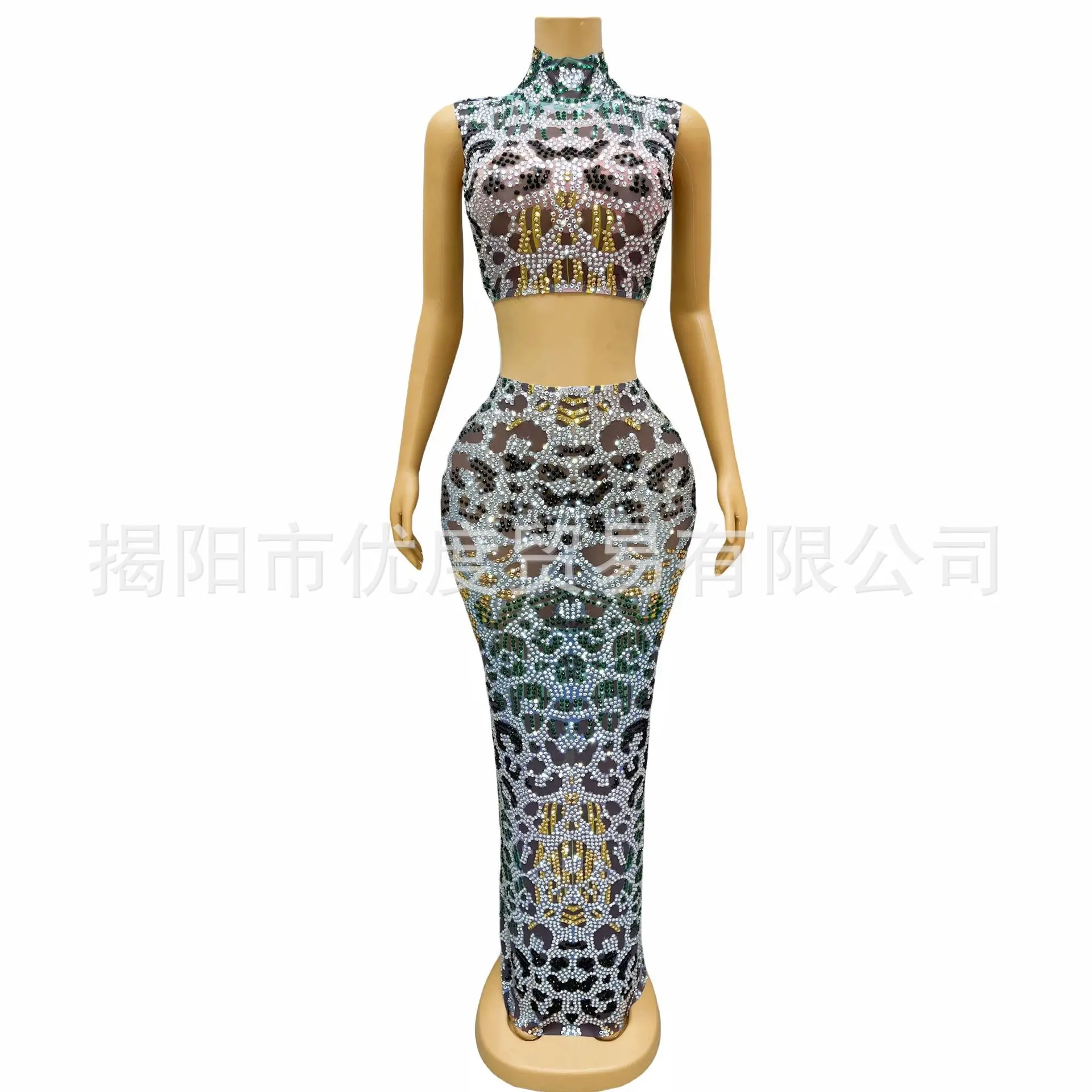 Premium Luxury Personality Glam Cocktail Party Night Gala Performance Handmade Rhinestones Split Suit Vulnerability Mesh Dresses