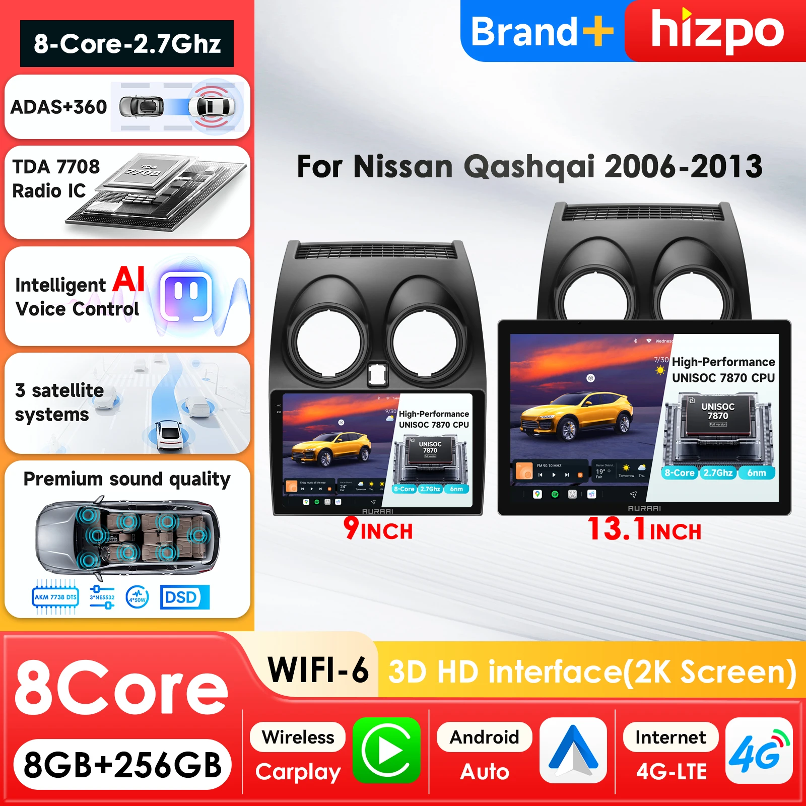 

AURA AI 3D Screen 8Core Car Multimedia Player for Nissan Qashqai 1 J10Navigation Carplay Autoradio Intelligent Systems 360cam