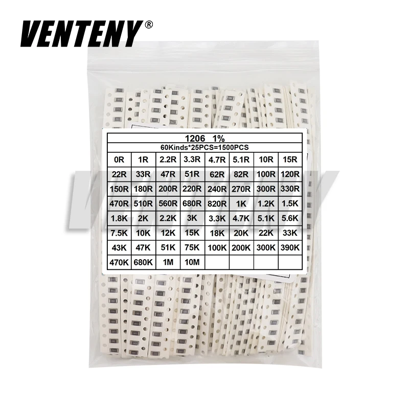 0603 0805 1206 SMD Resistor Kit Assorted Kit 1ohm-10M ohm 1% 60valuesX 25pcs=1500pcs Sample Bag