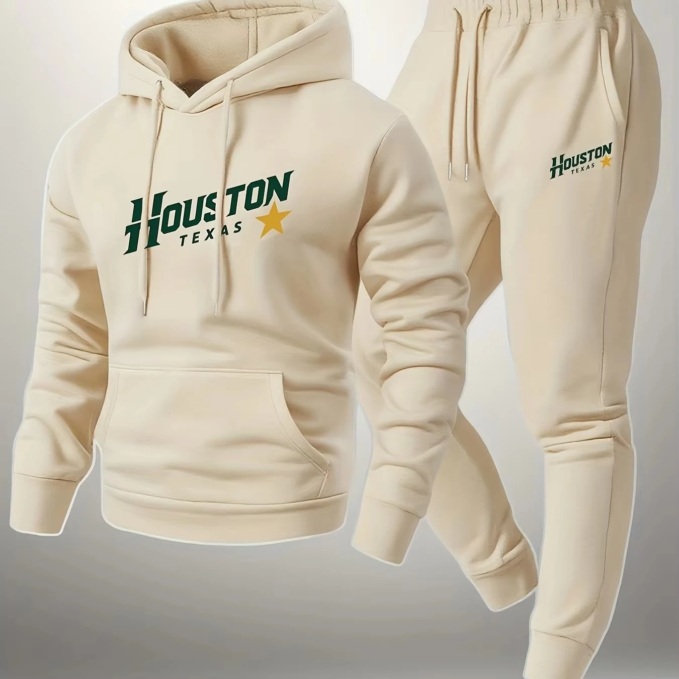 2026 Men's2-piece Set:Letter Print Hoodie & Drawstring Sports Pants, Soft Comfortable Thin Velvet Lining, Warm Tracksuit Bottoms view 3