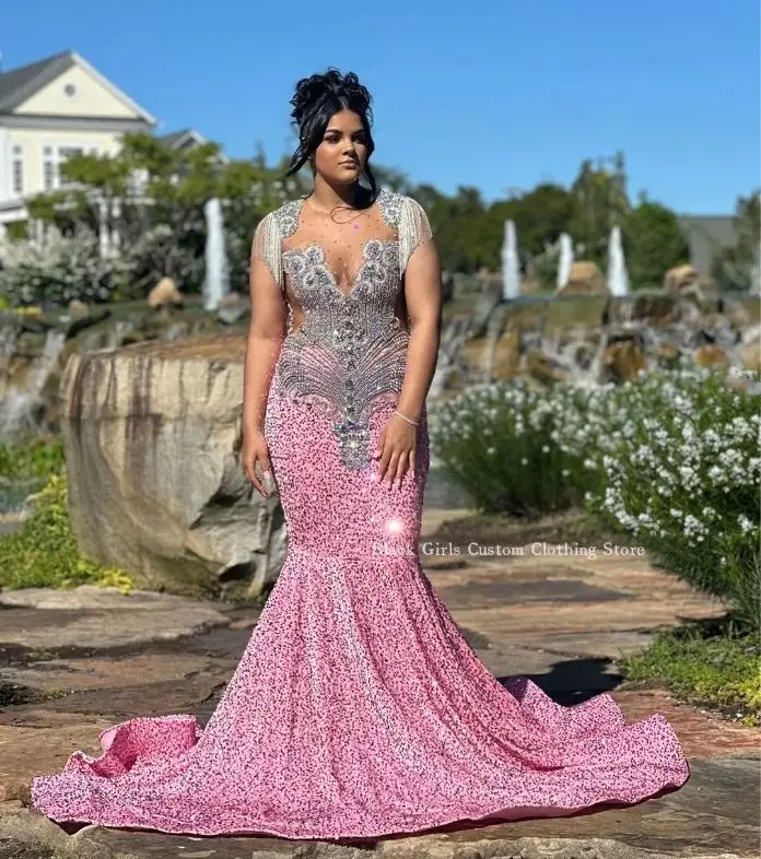 Gorgeous Diamond Mermaid Prom Ball Gowns Elegant Inlaid Sequins Crystal Tassel Applique For Black Girls فساتين مناسبات