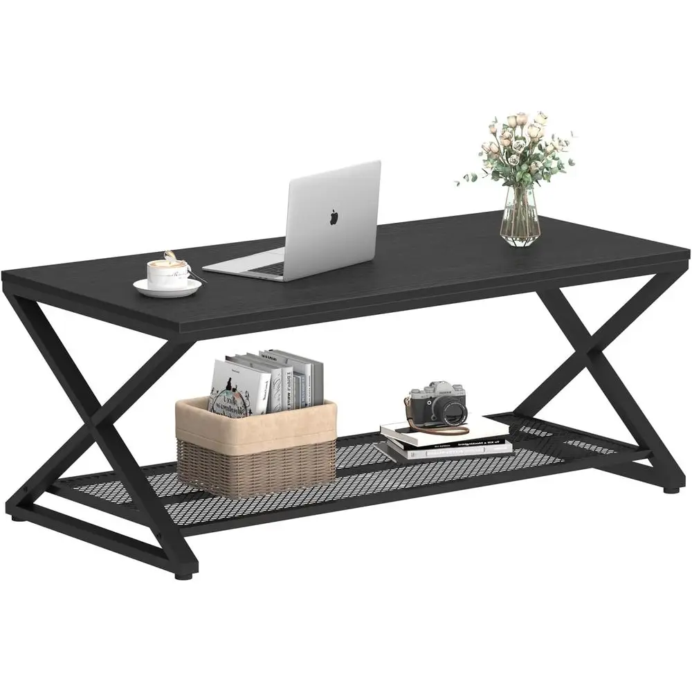 Modern 2-Tier Metal & Wood Coffee Table with Storage, 39 Black Oak Rectangular Center Table for Living Room & Office