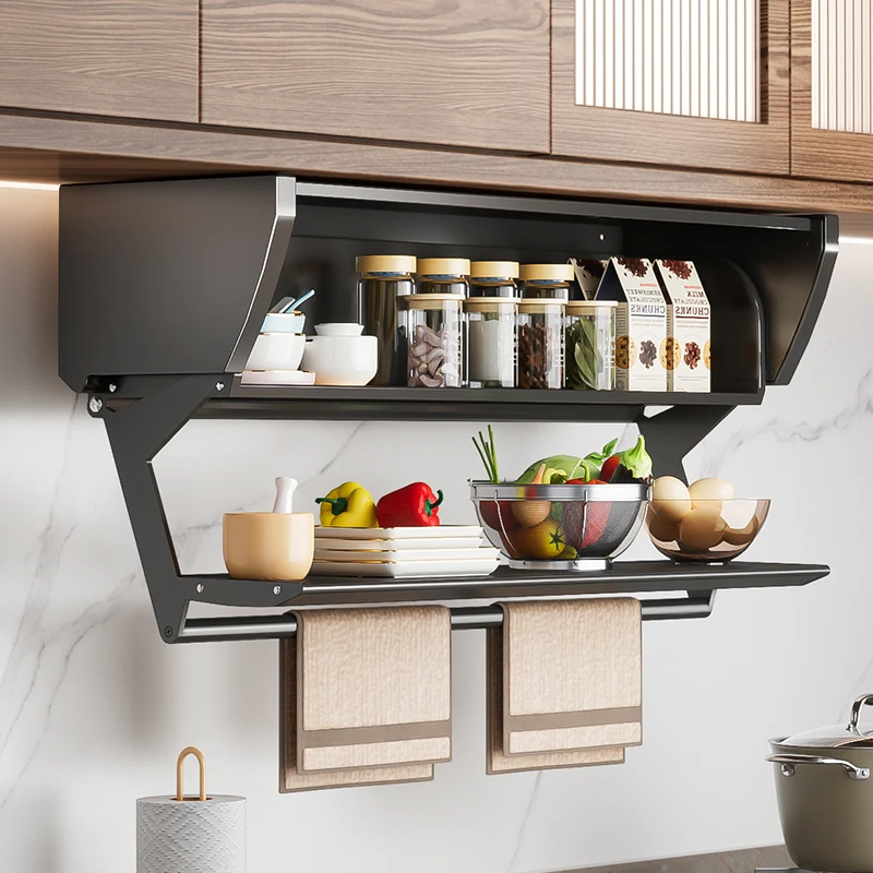 Kitchen hanging cabinet pull-down lift basket condiments top  dish storage rack folding