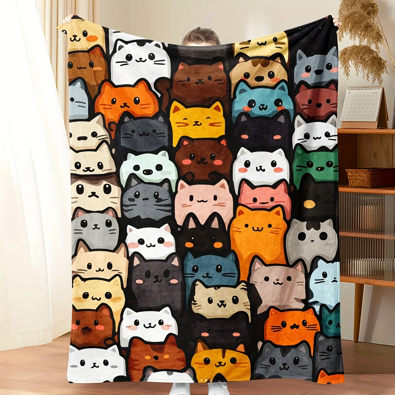 Cute Cat Face Blanket Throw Plush Cozy Nap Bed Decor Large Size 150x230cm Living Room Couch Gift for Kitten Lover
