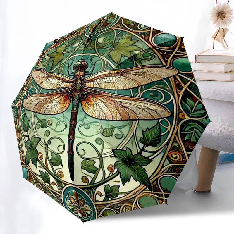 Stained Glass Dragonfly Umbrella, Portable 8-Rib Iron Frame Umbrella, Perfect for Outdoor Travel, Home Accessory, Christmas Gift
