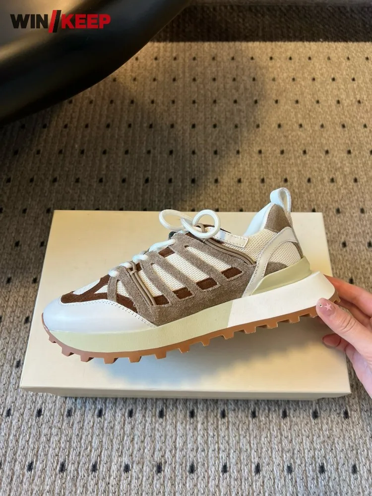 

Breathable Men Women New Fashion Lace Up Mesh Spliced Cow Leather Running Shoes Sport Sneakers Jogging Thick Platform Trainers