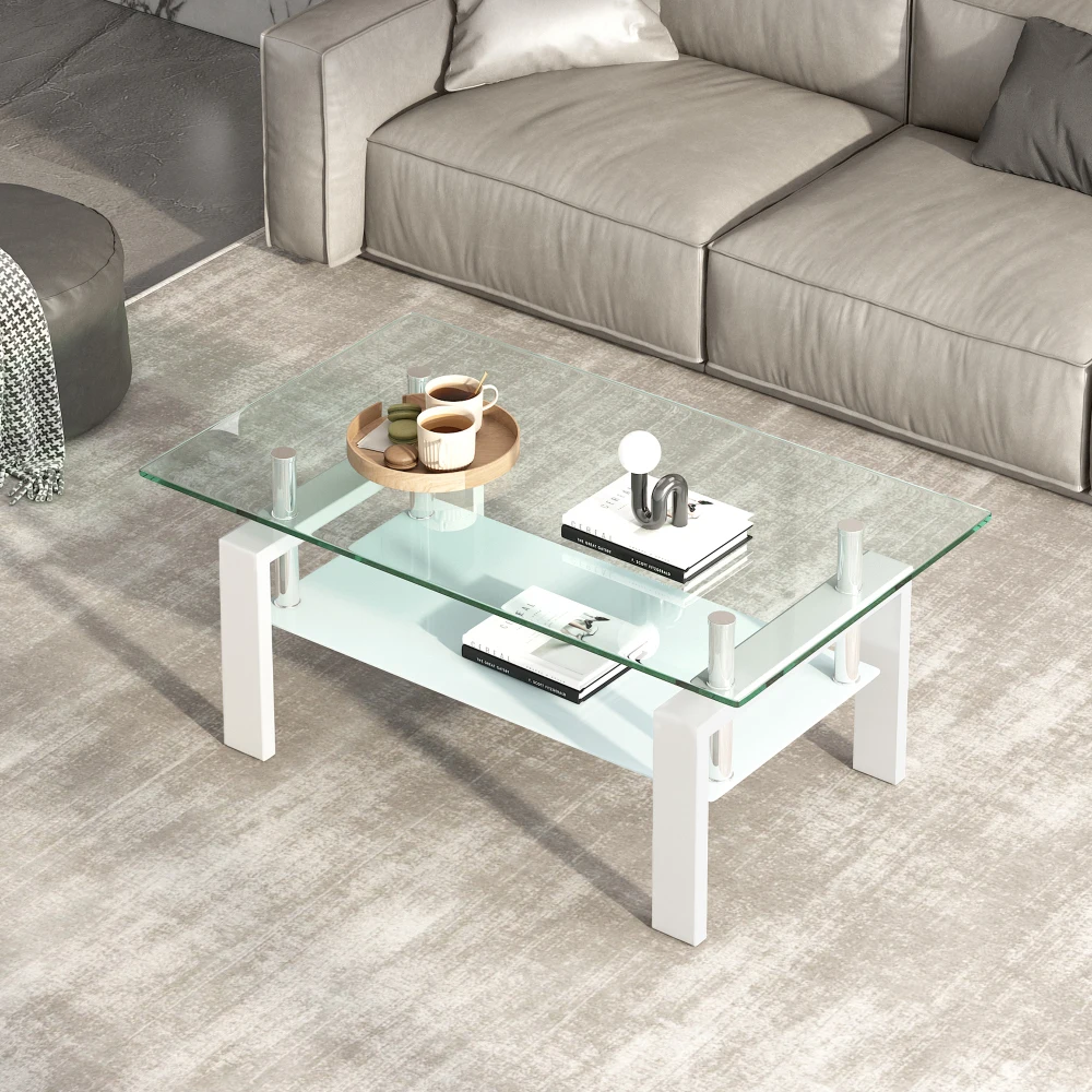Tempered Clear Glass Coffee Table 2-Layers Coffee Table Living Room Center Table