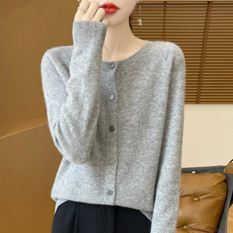 100% cardigan de cuello redondo de lana australiana chaqueta térmica de punto sólido para mujeres suéter sin costura de manga larga casual relajado en otoño e invierno