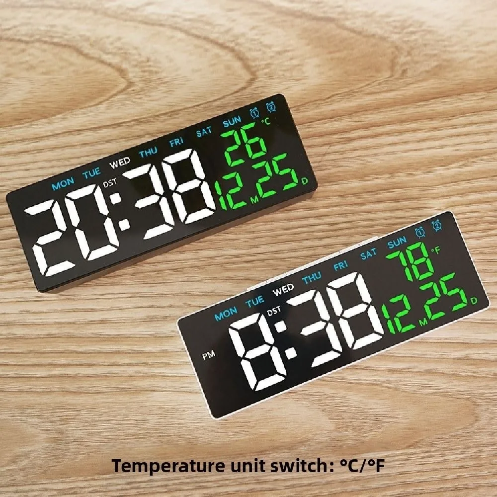 12/24H Format LED Electronic Clock 2 Alarms 3 Levels Brightness Alarm Clock Countdown Function Date Week Large Digital Clock