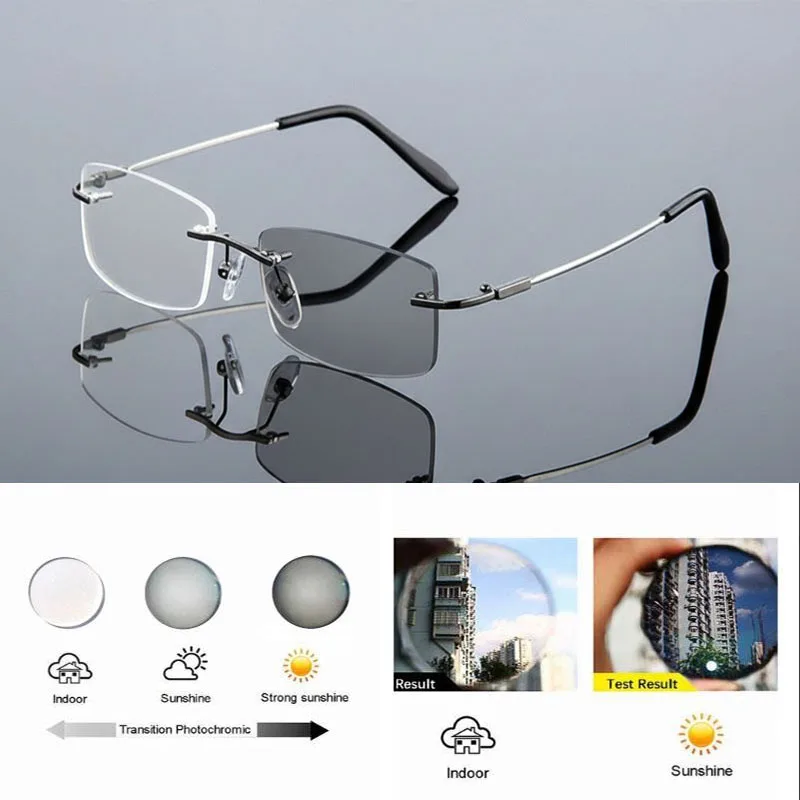 Grenzenlose photochrome Lesebrille für Männer und Frauen, Memory-Titanlegierung, Presbyopie-Brille, Outdoor, drehen Sie grau unter Sonnenlicht – Detail 9