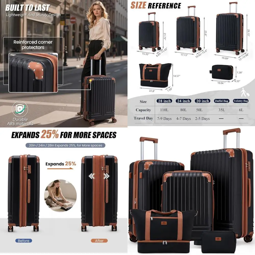 

Expandable 5-Piece Luggage Set with Spinner Wheels, TSA Lock, and Waterproof Hardshell, Black