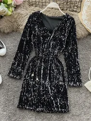 Spring Autumn Women's Sequin Long Sleeve Mini Dress New Temperament Slim Sexy Party Dress Y245