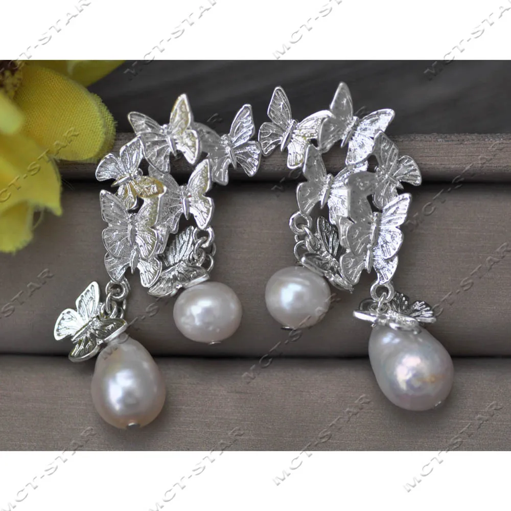 MTC·STAR  10mm White Drop Edison Pearl Silver-Color Butterfly Dangle Earring Custom Jewelry（Z13938 ）
