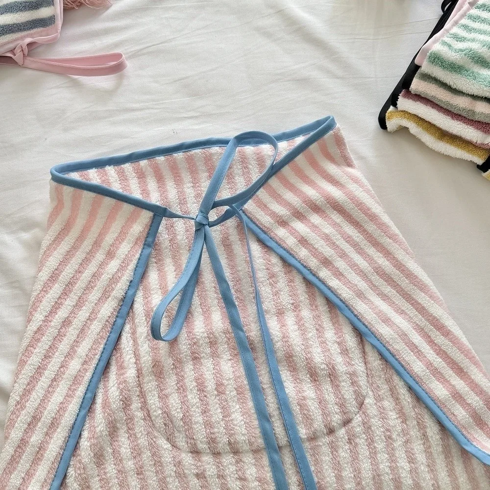 Fresh Coral Fleece Fabric Half Apron Water-Absorbent Short Length Kitchen Apron Striped Pattern Striped Apron Housework Use