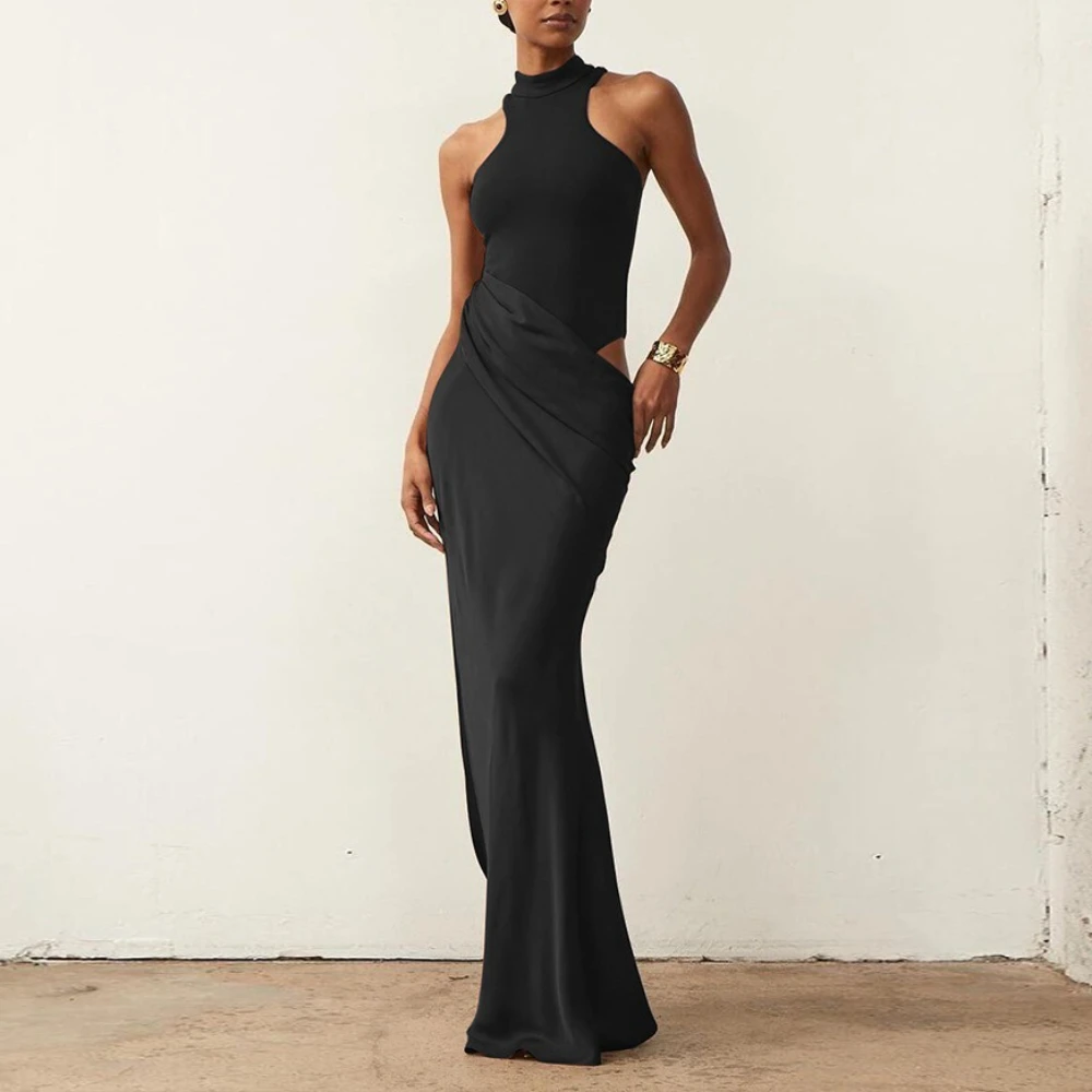 TWOTWINSTYLE Seksowne Sukienki Damskie z Wycięciami i Asymetrycznym Krojem, Wiązane na Szyi, Bez Rękawów, z Wysokim Stanem, Modne Długie Sukienki Klubowe