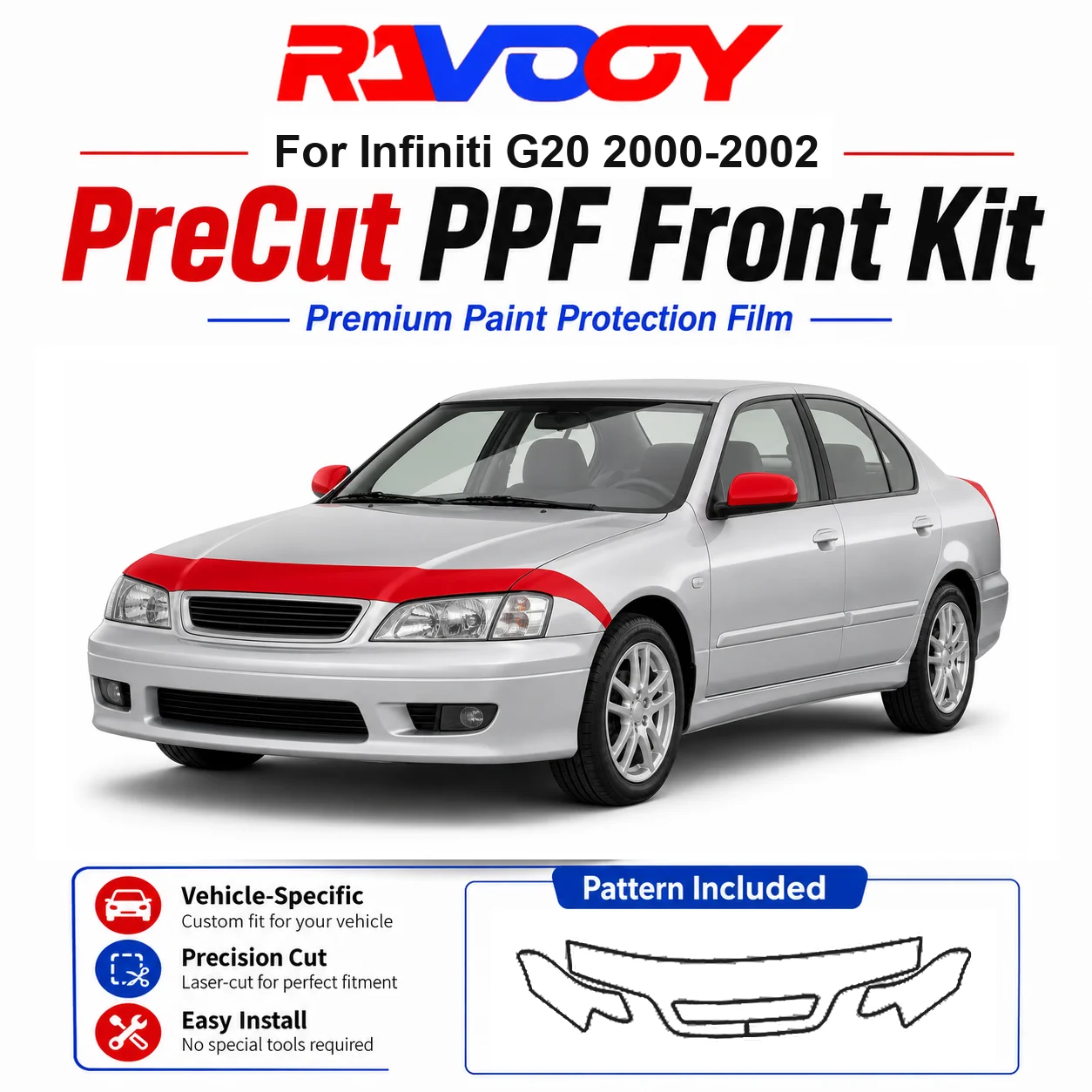 Kit de protection PPF pré-découpé en TPU 8,5 mil pour Infiniti G20 2000-2002 - Ensemble capot, ailes et rétroviseurs - Film transparent auto-réparant