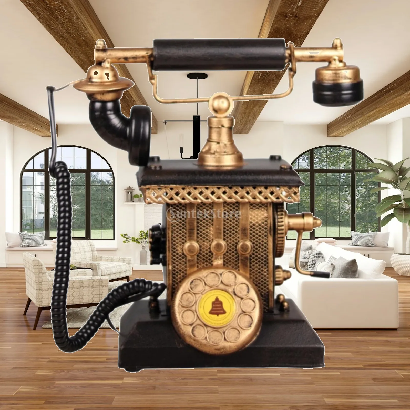 Antique Telephone Replica Metal Sculpture Retro Rotary Dial Phone Model Black Gold Finish for Office Shelf Cafe Decor Accent