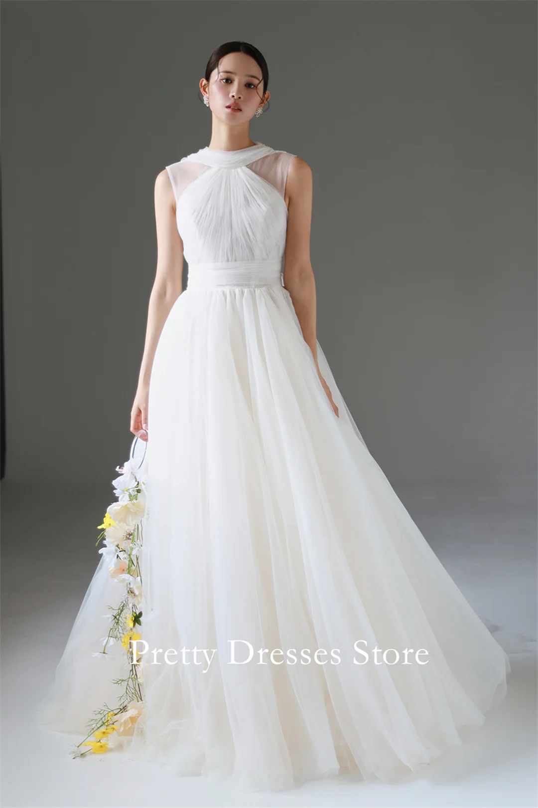 High Neck Elegant 2025 Style Garden Customized Ivory A-Line Tulle Wedding Dresses Backless Sleeveless Bride Growns Party Women