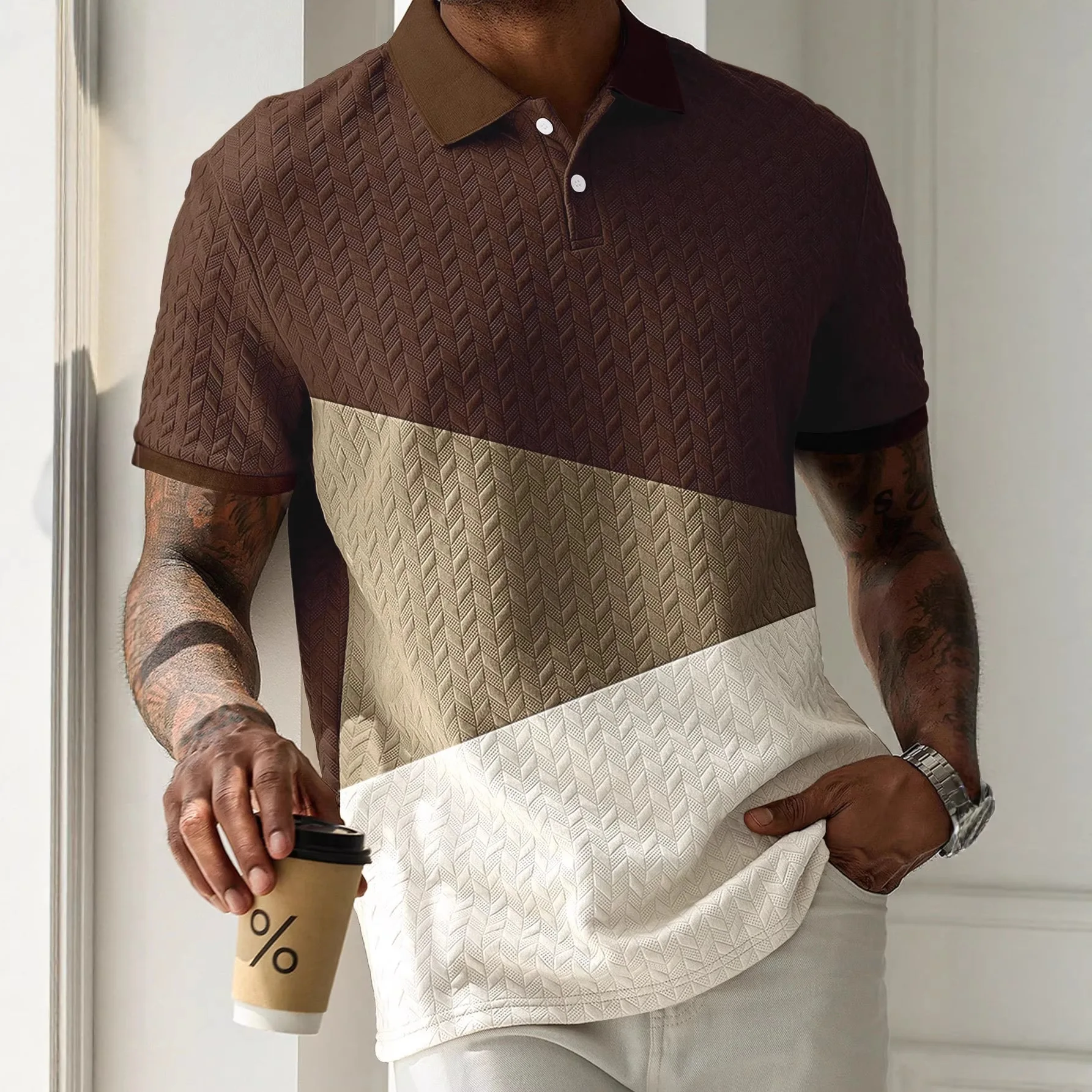 Spring and Summer New Short-sleeved Polo Shirt Men's Color Matching Texture Pullover Lapel Casual Commuting T-shirt