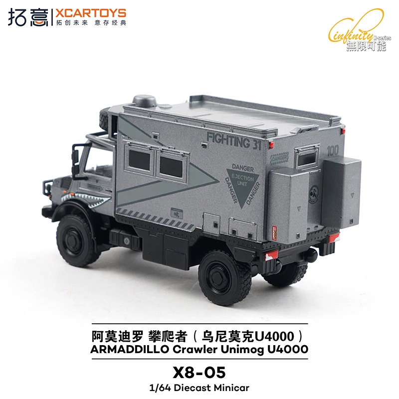 Xcartoys 1/64 escala liga amodiro alpinista rv estatueta colecionável unimog u4000 modelo de carro fundido brinquedo para adultos