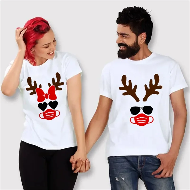 Reindeer with Mask Couples T Shirt Fashion Christmas Couple Clothes Casual O-neck Tops Lovers Shirts Suitable All Season