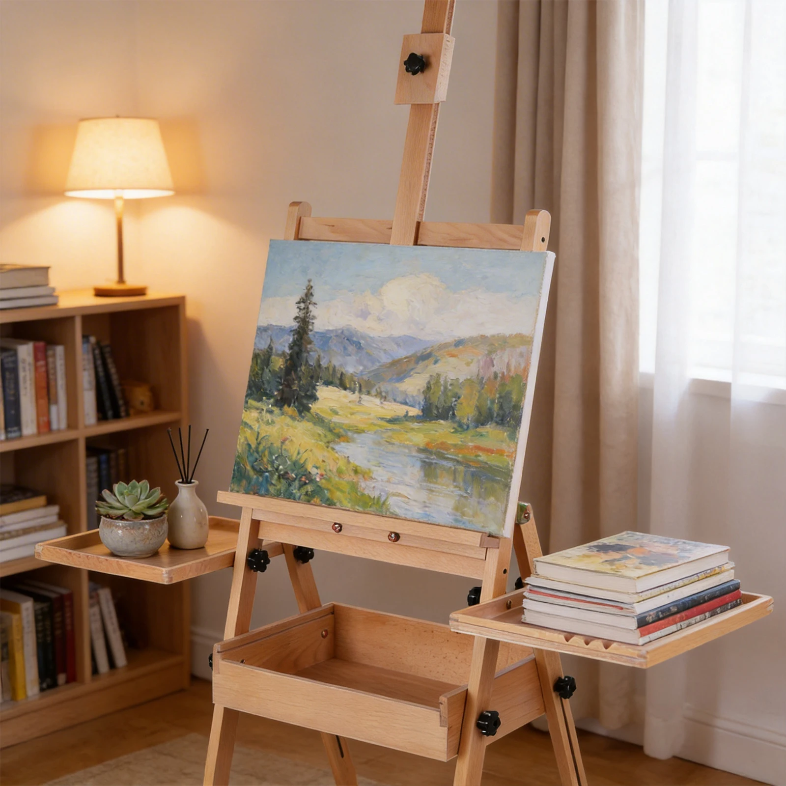 

Foldable Artist Easel Stand Double Storage For Painting Brush Tray Space-Saving Wood Studio Floor Easel Painting Art Supplies