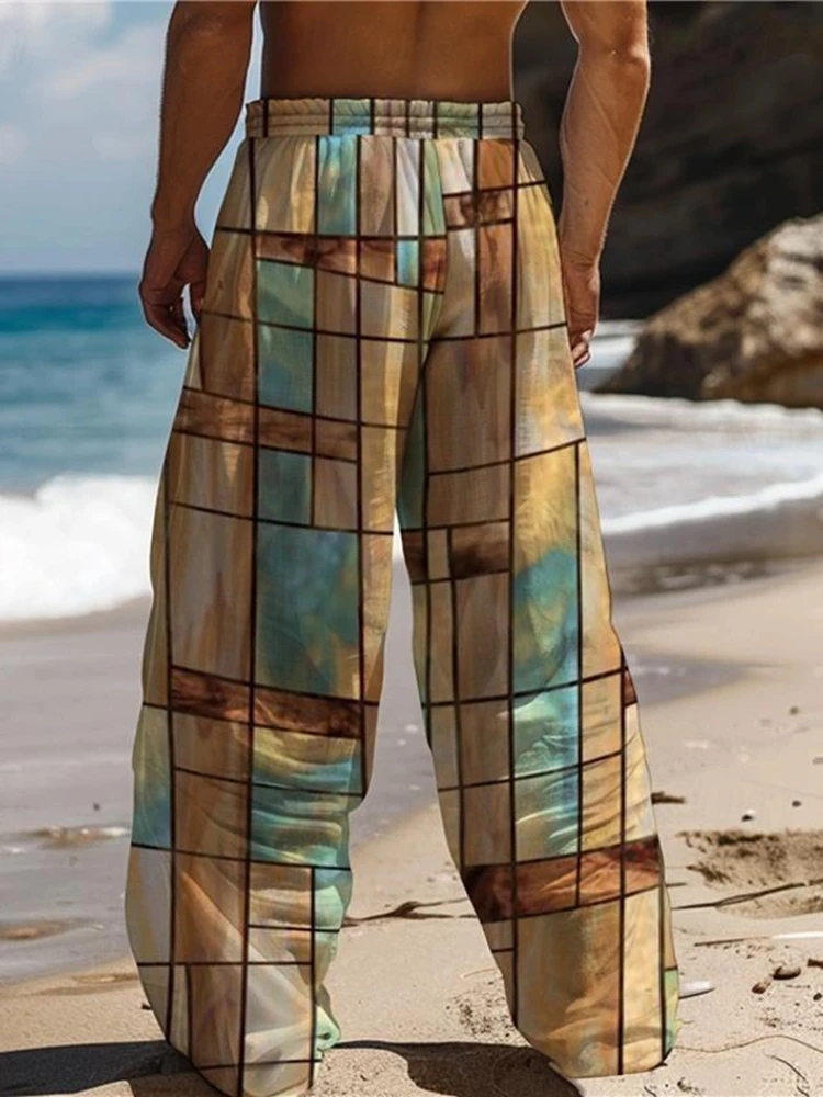 بنطال هاواي منقوش للرجال بطباعة ثلاثية الأبعاد بنطال مستقيم الساق بخصر مطاطي لقضاء العطلات في الشارع والصيف والربيع والخريف سهل التركيب