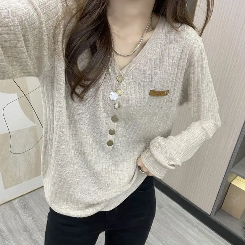 

Popular V-neck Sweater Women's Loose Large Size Long Sleeve Button New Style Bottoming Top