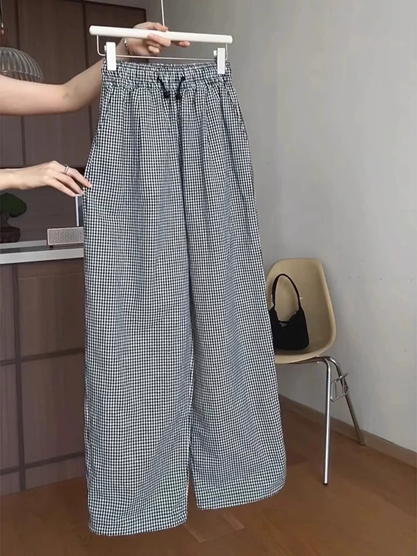 Ladies Plaid Wide Leg Pants High Waist Straight Cut Loose Fitting Slimming Casual Trousers Spring Autumn Summer New Arrival