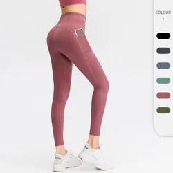 Mallas de Yoga desnudas con bolsillos para mujer, Leggings sin costuras de cintura alta, Leggings Push Up, ropa deportiva para trotar, traje de gimnasio, pantalones de entrenamiento ajustados