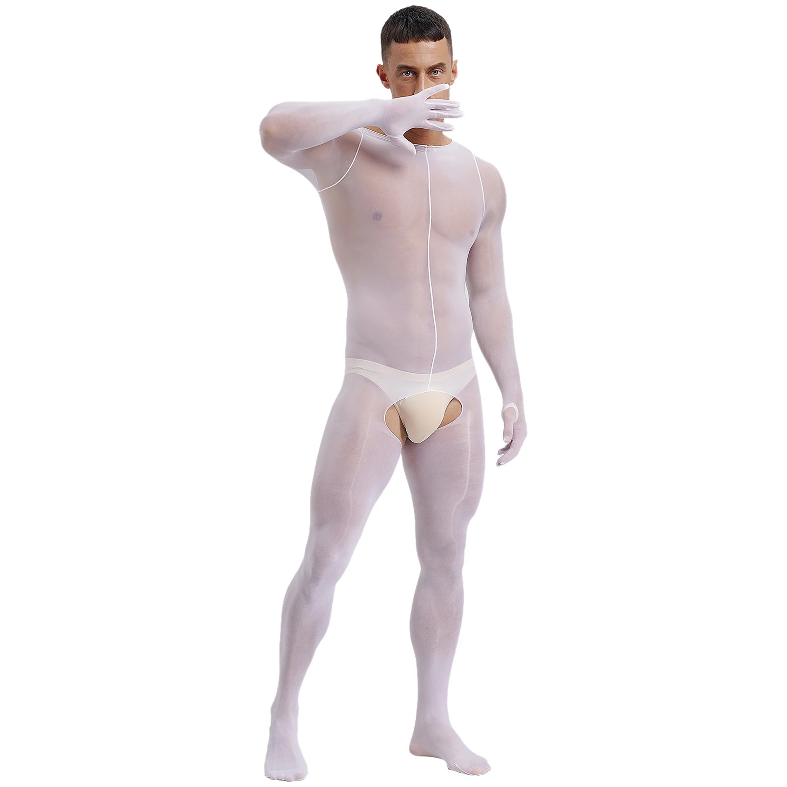 

Erotic Mens Glossy See-through Full-body Bodysuit Underwear Long Sleeve Open Crotch Bodystockings Jumpsuit Unitard Nightwear