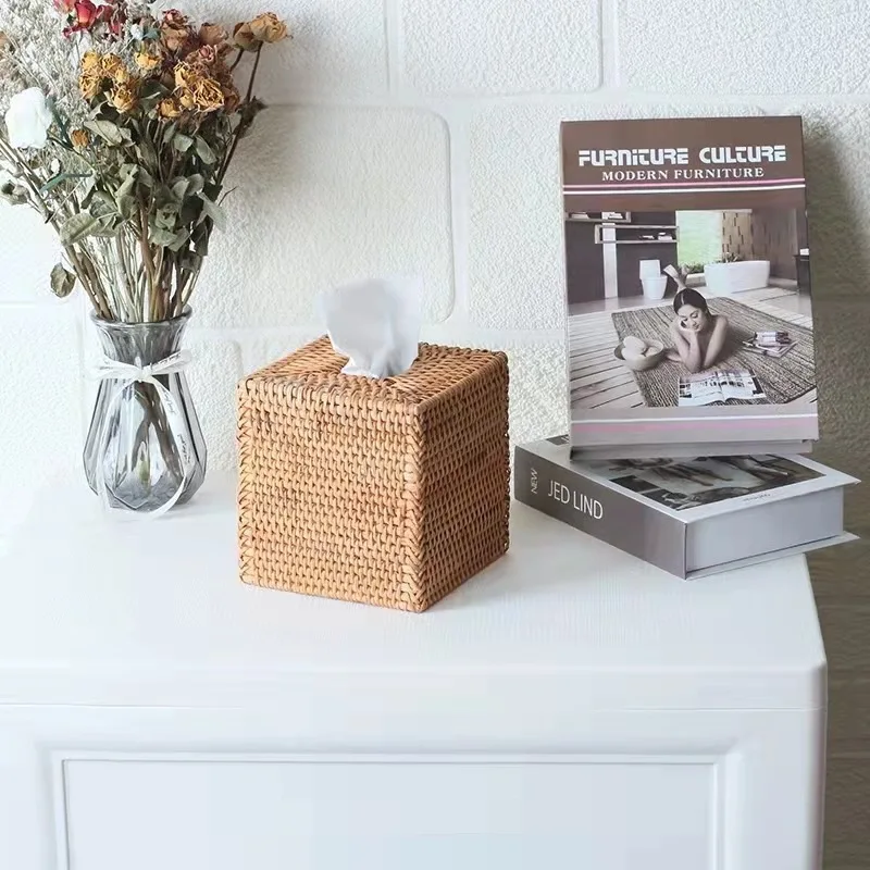 

Nordic Wooden Tissue Box Square Rattan Paper Holder Retro Woven Napkin Storage Box Vintage Handcrafted Home Decor Gift No bottom